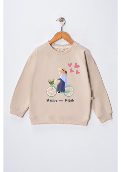 Kız Çocuk " Başörtümle Mutluyum" Baskılı Pamuklu Sweat