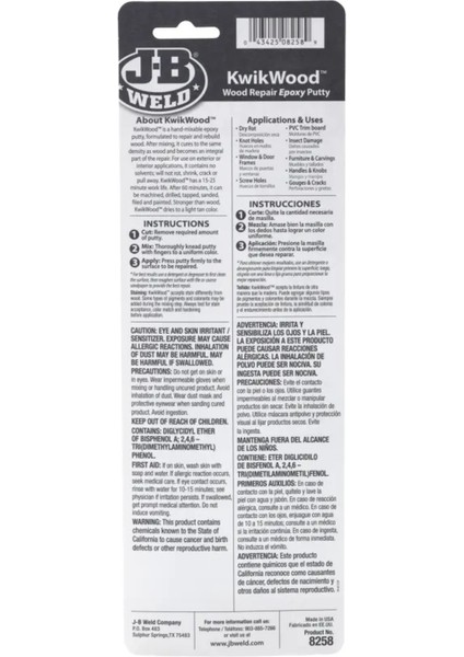 Kwikwood™ Epoksi Macun - 2 Oz Ahşap Onarıcı, Ahşap Yapıştırıcı Jb Weld Kwikwood Şırınga