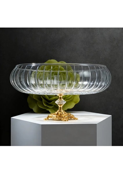 Lotus Kristal 24 cm Metal Ayaklı Salata Kasesi Cam Sunumluk-Servis Tabağı