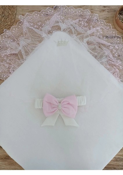 Bal Peteği My Princess Taç Nakış Inci Fiyonklu Dantel Duvaklı Delüks Kundak Bebek Battaniyesi Pembe modelleri