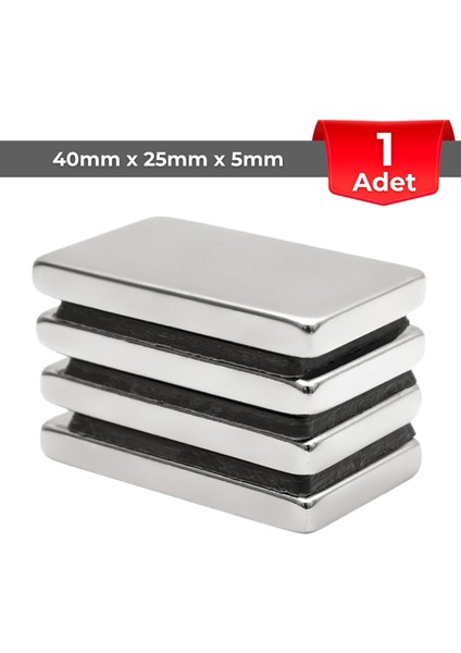 1 Adet Neodyum Mıknatıs Boy: 40MM En: 25MM Kalınlık: 5mm [40X25X5] Ndfeb Güçlü Mıknatıs