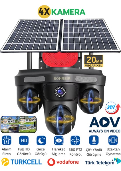 SNR-2 Dual Solar Güvenlik Kamerası AOV 4G Sim Kartlı PTZ Hareketli Gece Görüşlü Güneş Panelli Kamera