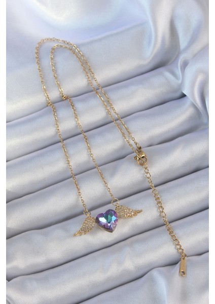 Bfs 316L Çelik Zincir Altın Renk Mavi Mor Zirkon Taşlı Kanatlı Kalp Kolye