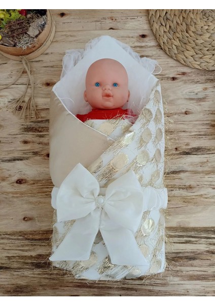 Yenidoğan İzmir İncisi Tül İşlemeli Pamuklu Fiyonklu Kundaklı Lüks 3lü Alt Açma Seti Gold fiyatları