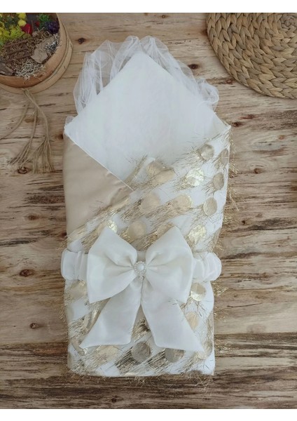 Yenidoğan İzmir İncisi Tül İşlemeli Pamuklu Fiyonklu Kundaklı Lüks 3lü Alt Açma Seti Gold fırsatları