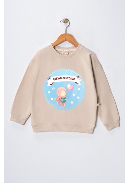 Kız Çocuk " Kuran Okuyorum" Kalpli Baskılı Pamuklu Sweat