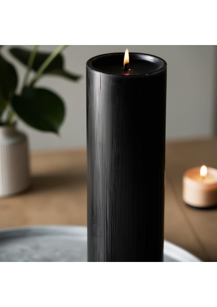 Soya Parafinli Siyah 72 Saat Yanma Süreli Çap:7 cm Boy:10 Silindir Blok Mum cm , Dekoratif Mum