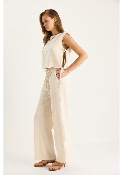 Kadın Luccı Yuvarlak Yaka Kravat Kapatmalı Iki Parçalı Geniş Paça Pantolon Takımı Bej Doğal fırsatları