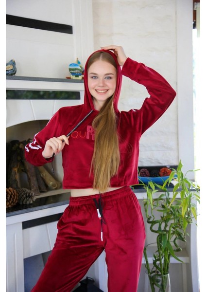 - Kadın Kadife Kapşonlu Eşofman Takım Bordo