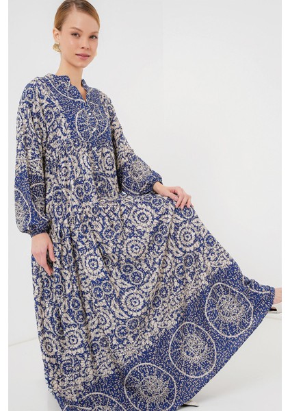 Kadın Bdart Düğmeli V Yaka Desenli Maxi Elbise Lacivert