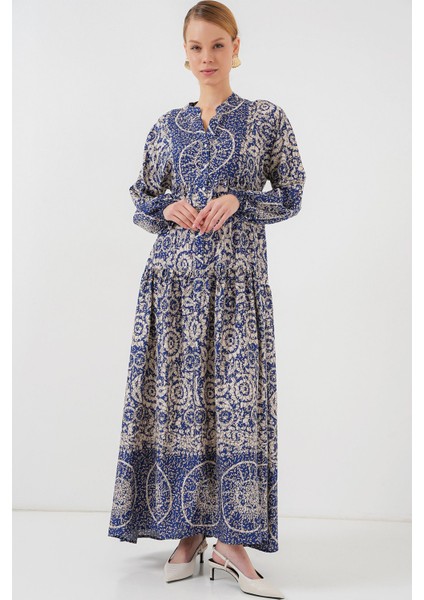 Kadın Bdart Düğmeli V Yaka Desenli Maxi Elbise Lacivert fiyatları