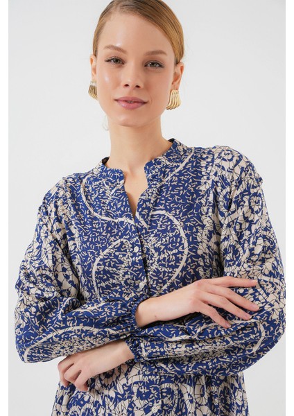 Kadın Bdart Düğmeli V Yaka Desenli Maxi Elbise Lacivert modelleri