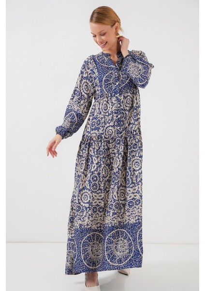 Kadın Bdart Düğmeli V Yaka Desenli Maxi Elbise Lacivert fırsatları