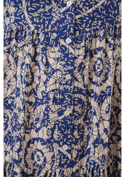 Kadın Bdart Düğmeli V Yaka Desenli Maxi Elbise Lacivert indirimleri