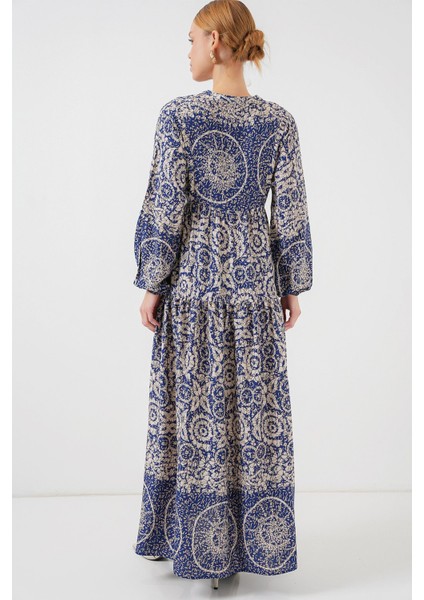 Kadın Bdart Düğmeli V Yaka Desenli Maxi Elbise Lacivert