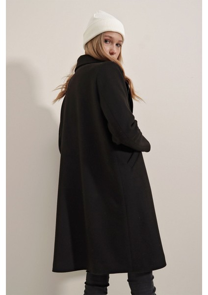 Kadın Bdart Şal Yaka Herringbone Yün Karışımı Kaban Siyah indirimleri