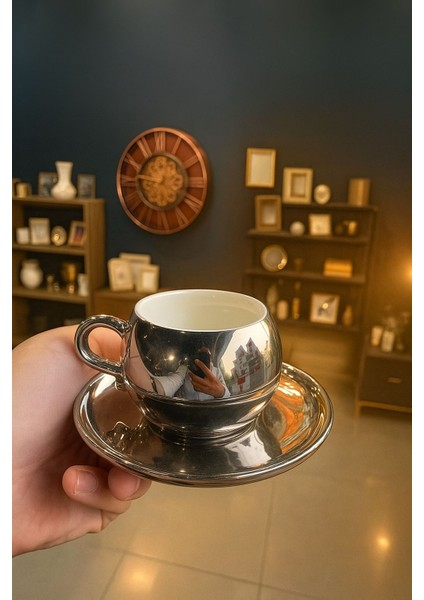 Gümüş Gold Parlak Yansımalı 6 Kişilik Kahve Fincan Takımı