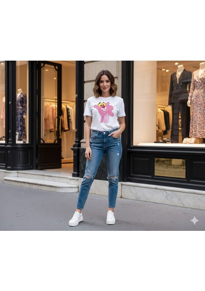 A Kalite Pembe Panter Baskılı Oversize Tshirt