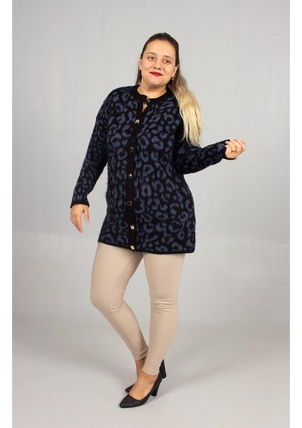 Leopar Desenli Triko Tunik Lacivert Rahat Kalıp Standart (48 Bedene Kadar)