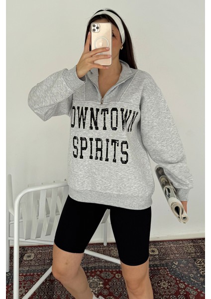 Kadın Fermuarlı Baskılı Sweatshirt – Downtown Energy indirimleri