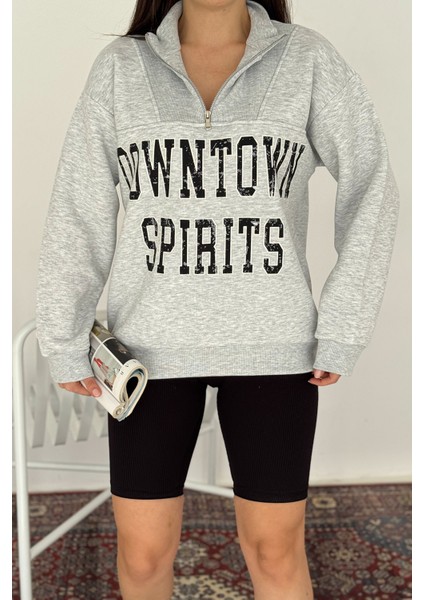 Kadın Fermuarlı Baskılı Sweatshirt – Downtown Energy