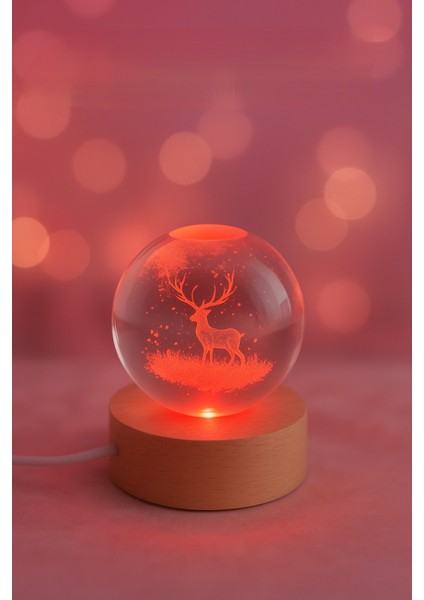 Geyik Figürlü LED Işıklı USB Bağlantılı Renk Değiştiren 3D Cam Küre Gece Lambası Yılbaşı