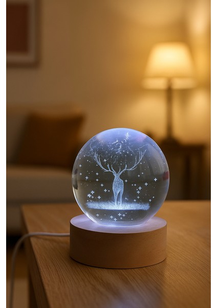 Geyik Figürlü LED Işıklı USB Bağlantılı Renk Değiştiren 3D Cam Küre Gece Lambası Yılbaşı modelleri