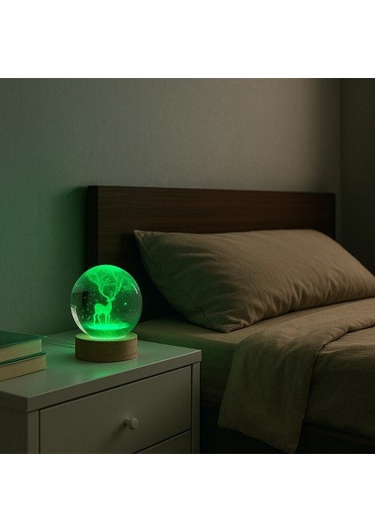 Geyik Figürlü LED Işıklı USB Bağlantılı Renk Değiştiren 3D Cam Küre Gece Lambası Yılbaşı