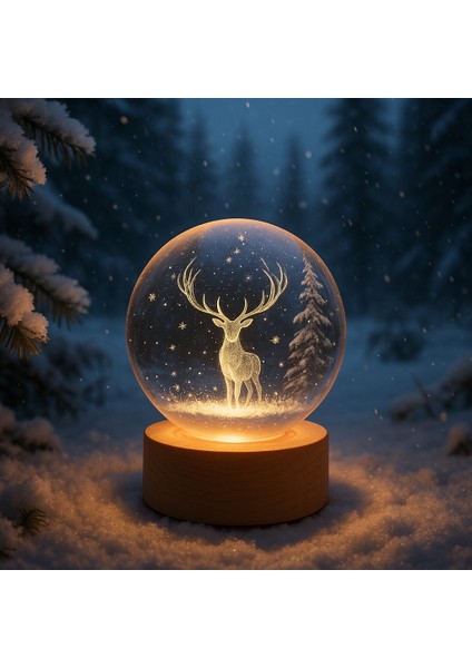 Geyik Figürlü LED Işıklı USB Bağlantılı Renk Değiştiren 3D Cam Küre Gece Lambası Yılbaşı