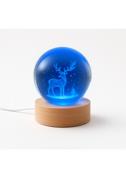 Geyik Figürlü LED Işıklı USB Bağlantılı Renk Değiştiren 3D Cam Küre Gece Lambası Yılbaşı