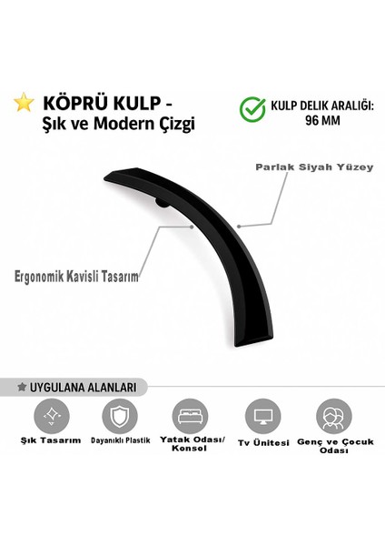 Köprü Kulp 96 mm (Siyah 10 Adet) Mutfak Mobilya Yatak Odasu Genç ve Çocuk Odası Dolap Kulpu modelleri