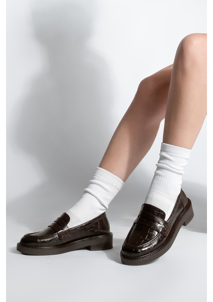 Kadın Loafer Günlük Klasik Ayakkabı Casual Makosen Fonle Kahve Croco