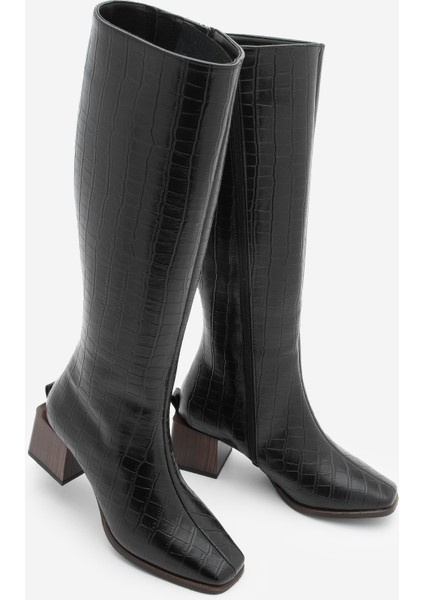 Kadın Küt Burun Fermuarlı Kalın Topuklu Çizme Lusso Siyah Croco