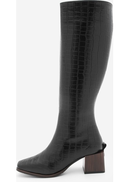 Kadın Küt Burun Fermuarlı Kalın Topuklu Çizme Lusso Siyah Croco modelleri