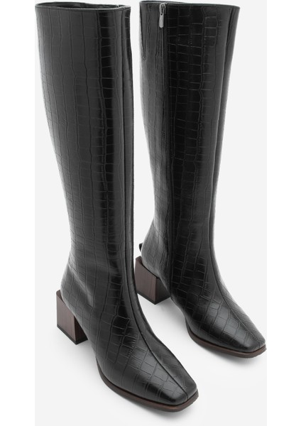Kadın Küt Burun Fermuarlı Kalın Topuklu Çizme Lusso Siyah Croco indirimleri