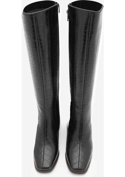 Kadın Küt Burun Fermuarlı Kalın Topuklu Çizme Lusso Siyah Croco