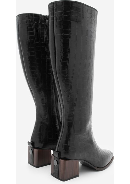 Kadın Küt Burun Fermuarlı Kalın Topuklu Çizme Lusso Siyah Croco