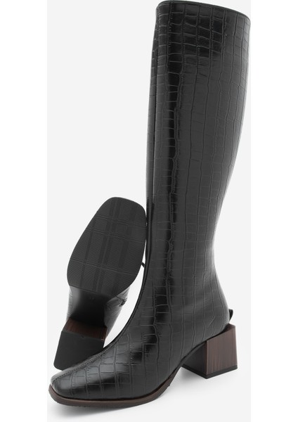 Kadın Küt Burun Fermuarlı Kalın Topuklu Çizme Lusso Siyah Croco