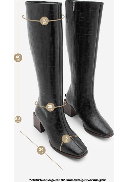 Kadın Küt Burun Fermuarlı Kalın Topuklu Çizme Lusso Siyah Croco