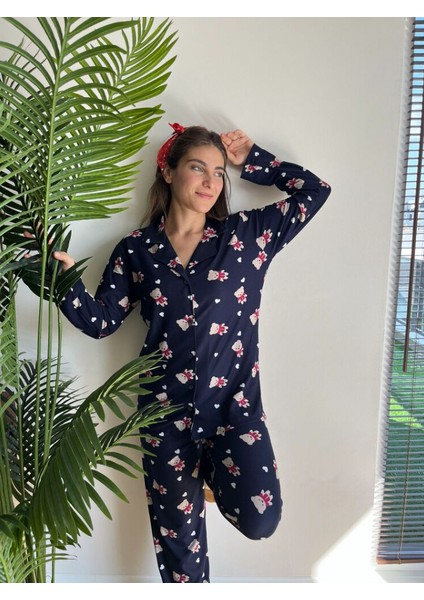 - Teddy Lacivert Ayıcık Kadın Pijama Takımı