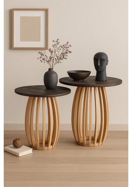 Palermo Duo Yuvarlak Modern Rustik Klasik Iskandinav Retro Vintage Dekoratif Ahşap Çıtalı Yan Orta Mantar 2li Ikili 2'li Sehpa