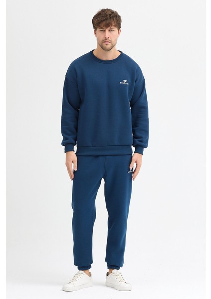 Erkek Oversize Lacivert Eşofman Takımı Basic 3 Iplik Şardonlu Pamuklu Nakışlı