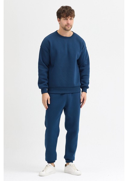 Erkek LacivertEşofman Takımı Basic 3 Iplik Şardonlu Oversize Pamuklu