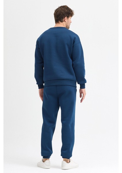 Erkek LacivertEşofman Takımı Basic 3 Iplik Şardonlu Oversize Pamuklu
