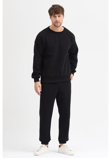 Erkek Eşofman Takımı Siyah Basic 3 Iplik Şardonlu Oversize Pamuklu