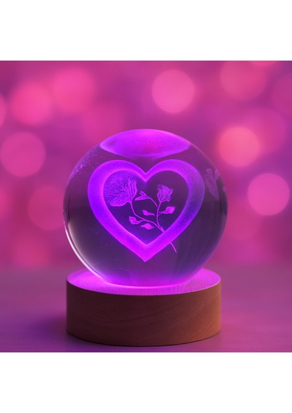 Kalp ve Gül Figürlü LED Işıklı USB Bağlantılı Renk Değiştiren 3D Cam Küre Gece Lambası