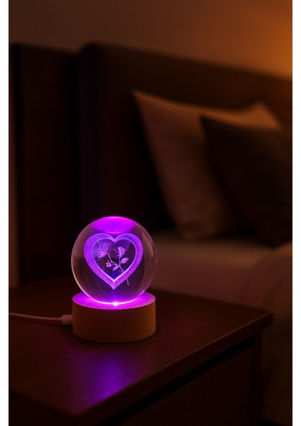 Kalp ve Gül Figürlü LED Işıklı USB Bağlantılı Renk Değiştiren 3D Cam Küre Gece Lambası fırsatları