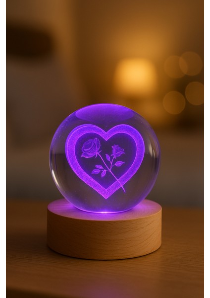 Kalp ve Gül Figürlü LED Işıklı USB Bağlantılı Renk Değiştiren 3D Cam Küre Gece Lambası