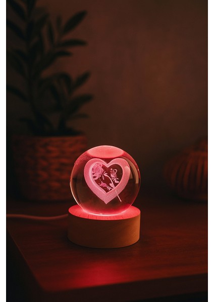 Kalp ve Gül Figürlü LED Işıklı USB Bağlantılı Renk Değiştiren 3D Cam Küre Gece Lambası