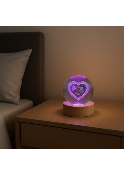 Kalp ve Gül Figürlü LED Işıklı USB Bağlantılı Renk Değiştiren 3D Cam Küre Gece Lambası